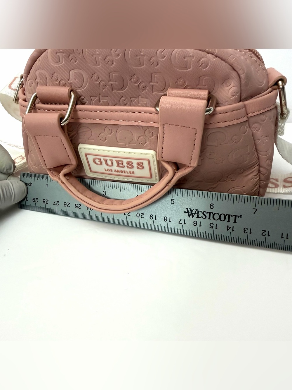 GUESS Pink Embossed Mini Crossbody Bag with Branded Strap - Picture 11 of 12